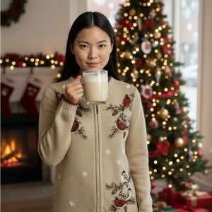 Festive Tan Sweater with Cardinal Design